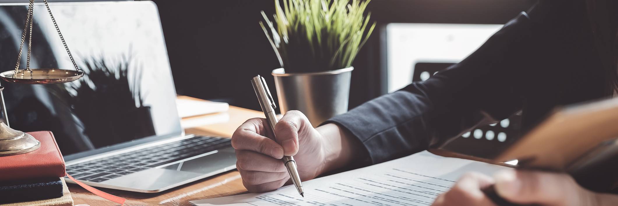 law concept, lawyer woman hoding pen with contract or agreement document to customer for signing in courtroom legal.